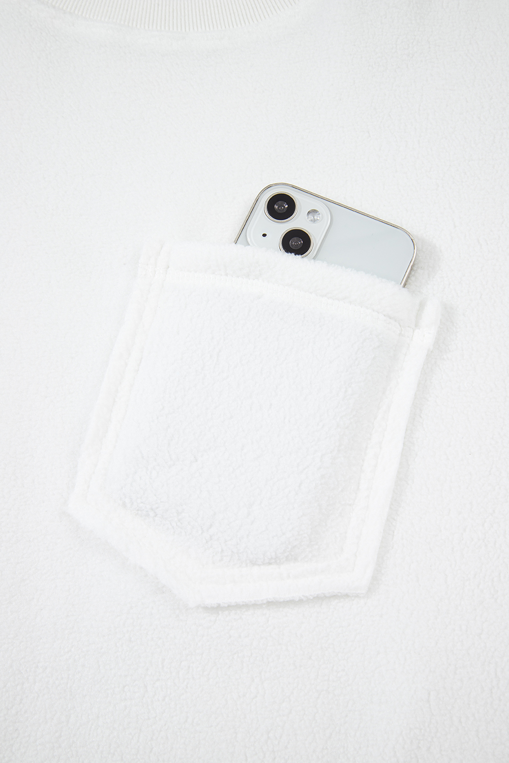 White Exposed Seam Chest Pocket Knit Pullover Sweatshirt