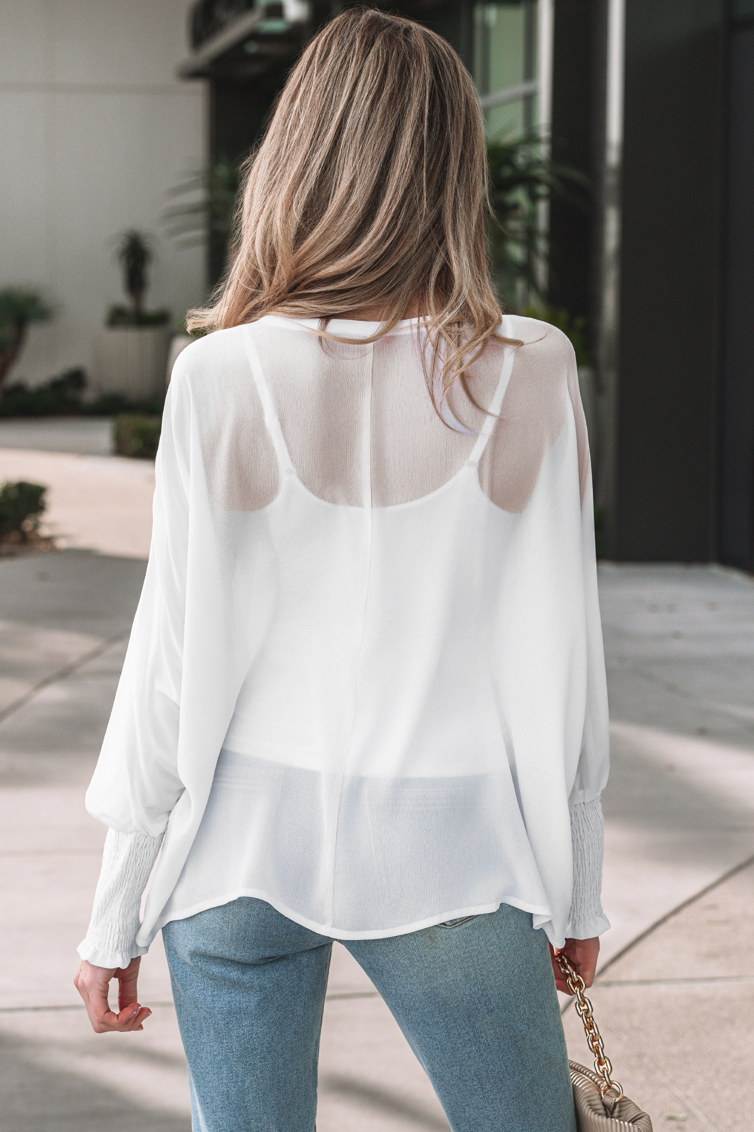 White Smocked Cuffs Semi Sheer Long Sleeve Dolman Blouse