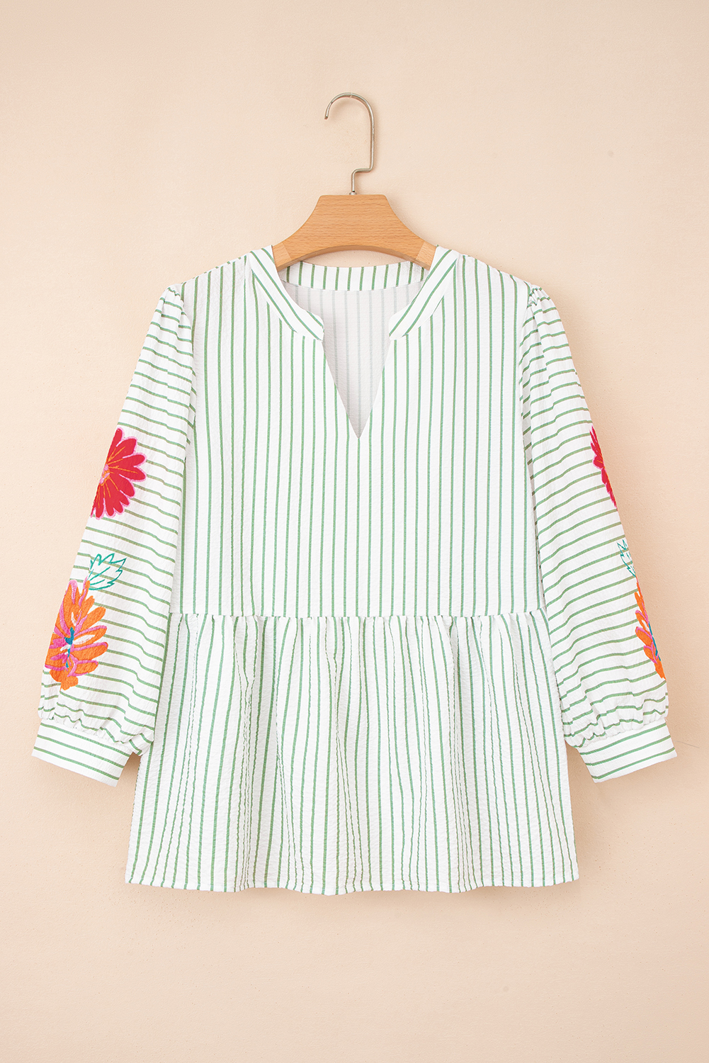 Green Stripe Flower Puff Sleeve Notched V Neck Babydoll Blouse