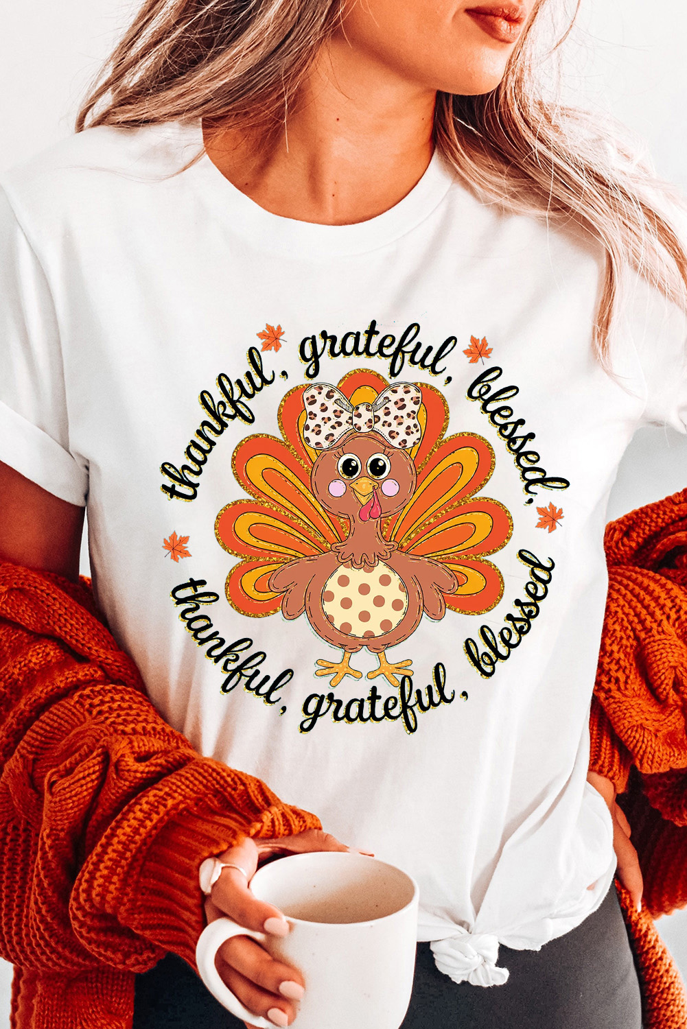 White Thanksgiving Cute Turkey Print Cotton Blend T Shirt