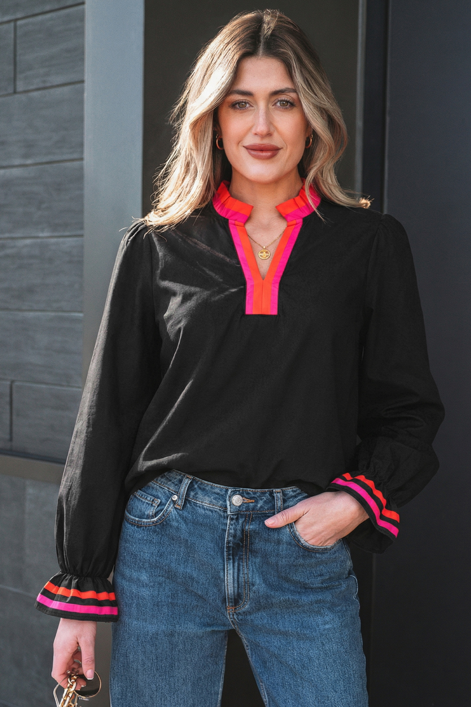 Four Leaf Clover Striped Trim Ruffle Split Neck Long Sleeve Blouse