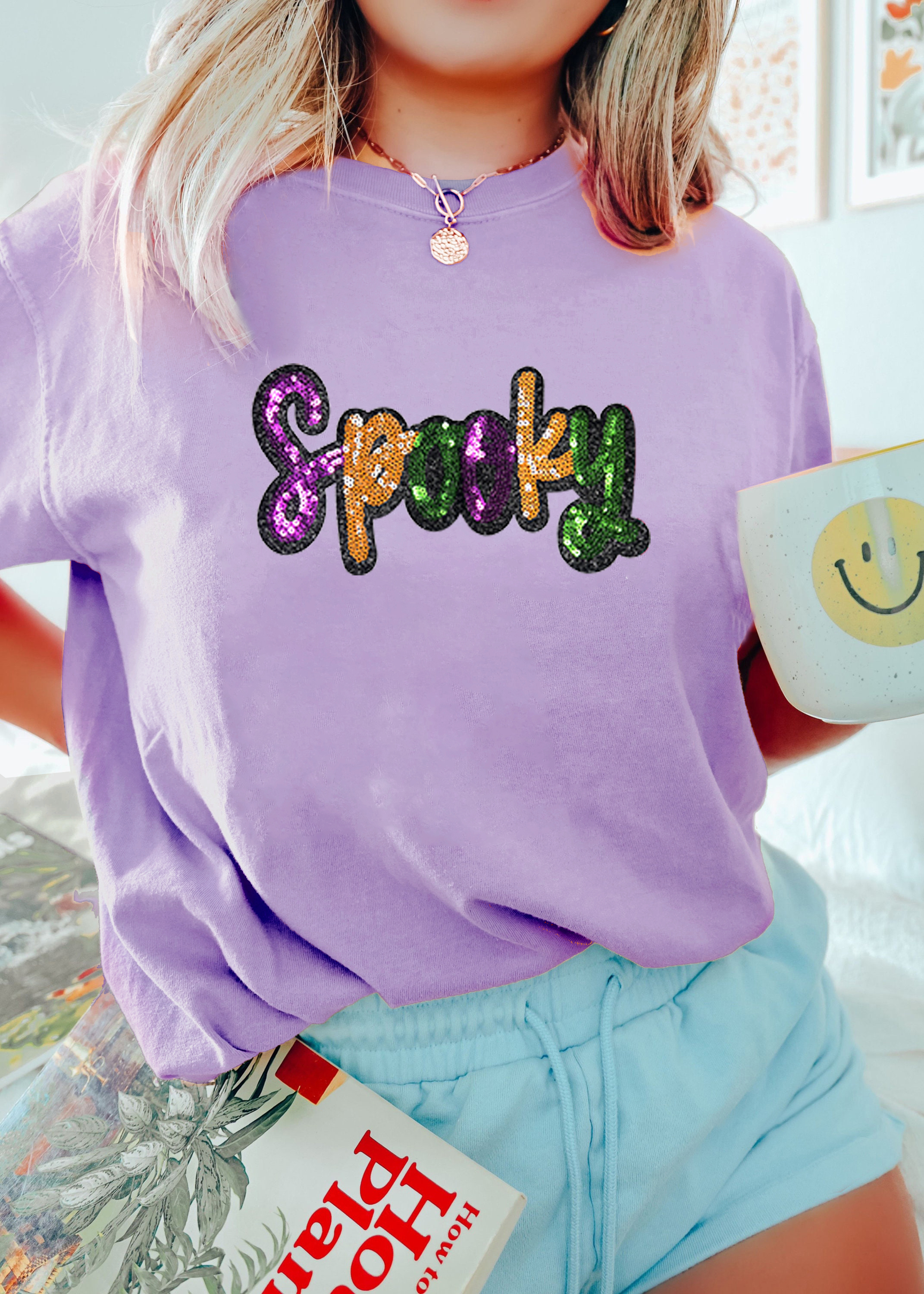 Wisteria Spooky Sequin Letter Patched Cotton Blend T Shirt