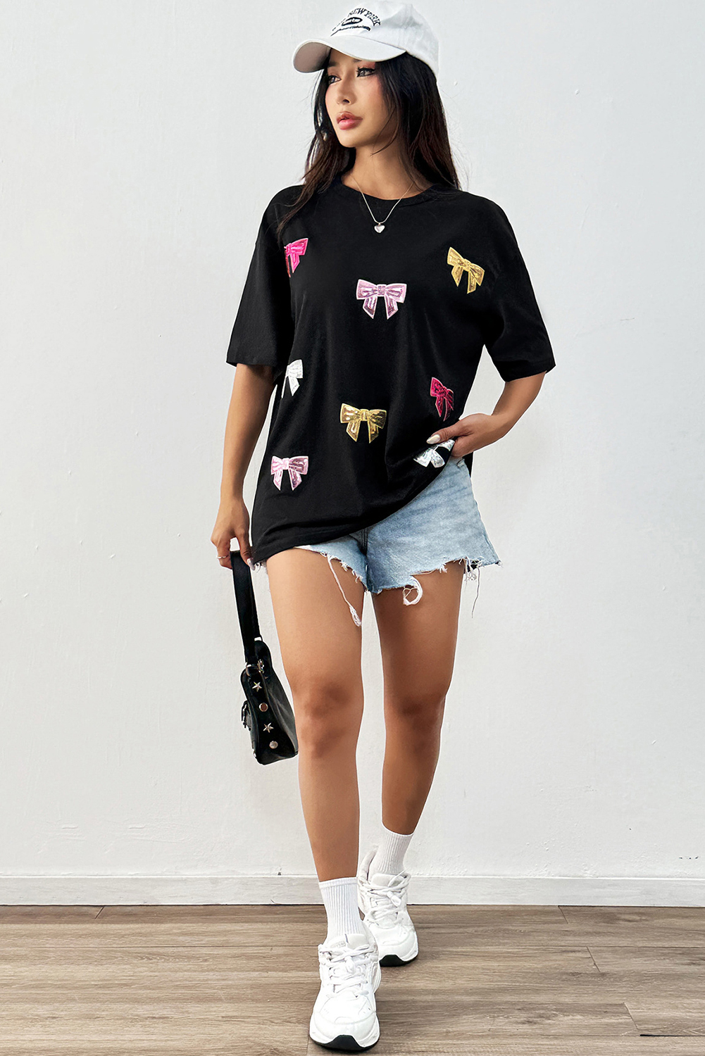 Black Shiny Bow Loose T Shirt