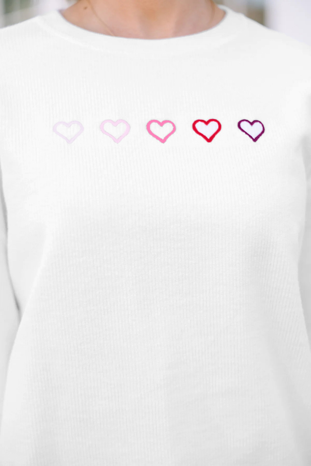 White 3d Ribbed XOXO Heart Embroidered Drop Shoulder Sweatshirt