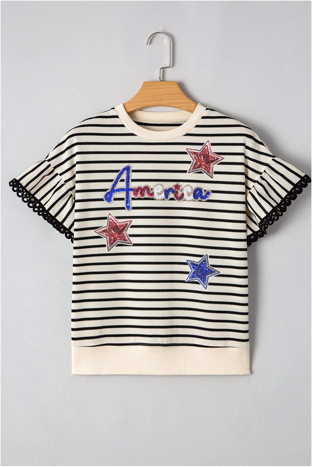 Black Stripe Sequin America Star Graphic Ric Rac Flutter Sleeve Blouse