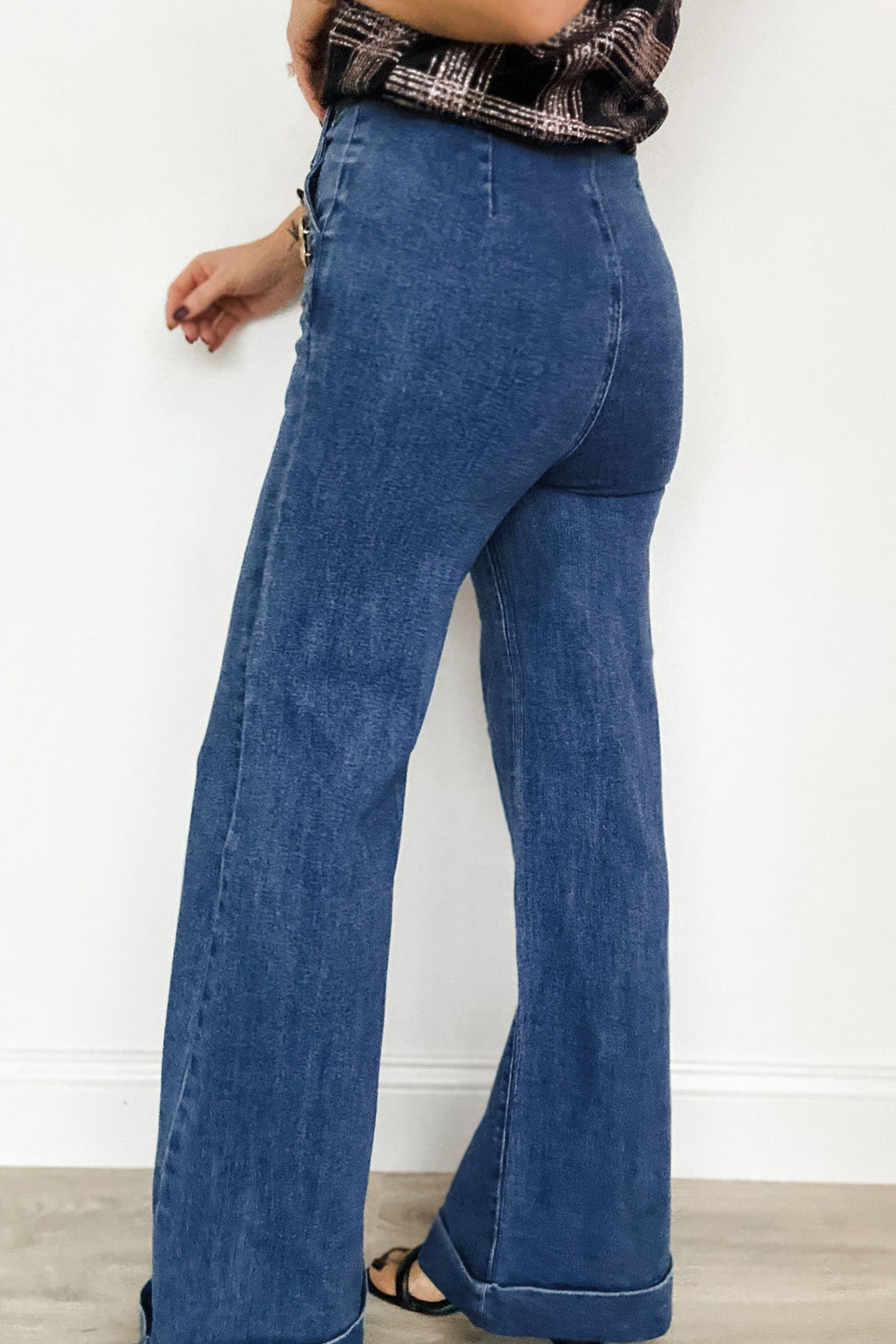 Ashleigh Blue Golden Button Detail Rolled Edge Flare Leg Jeans