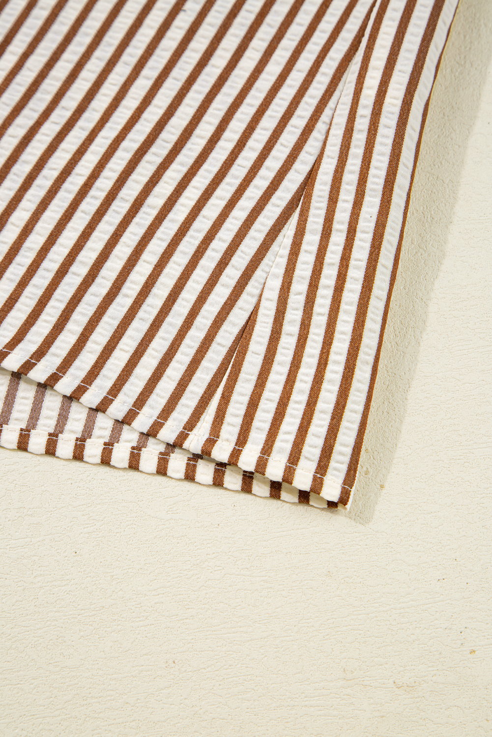 Straw Yellow Striped Print Tied Cuffs Split Neck Seersucker Blouse