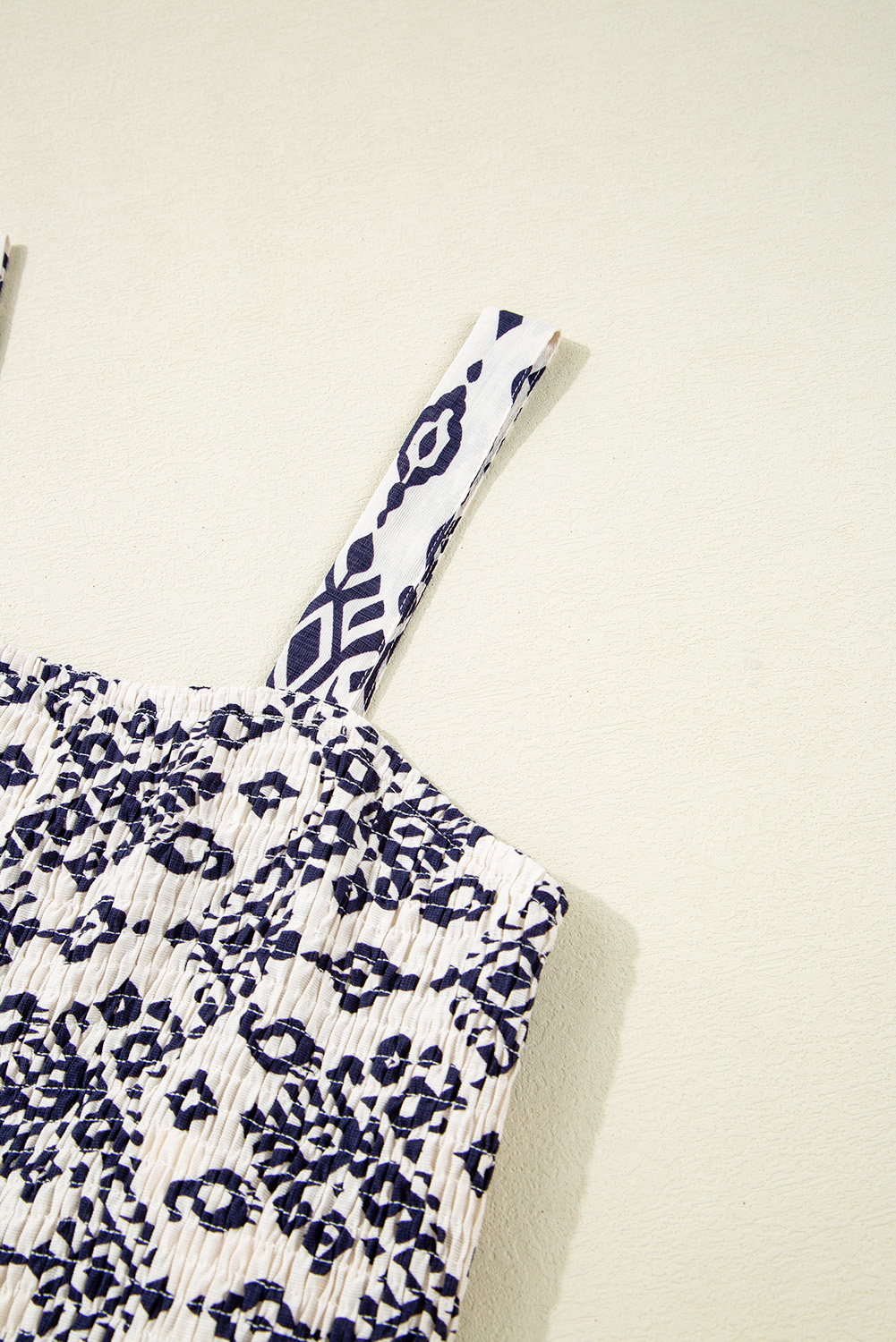 Blue Boho Geometric Print Shirred High Waist Wide Leg Jumpsuit