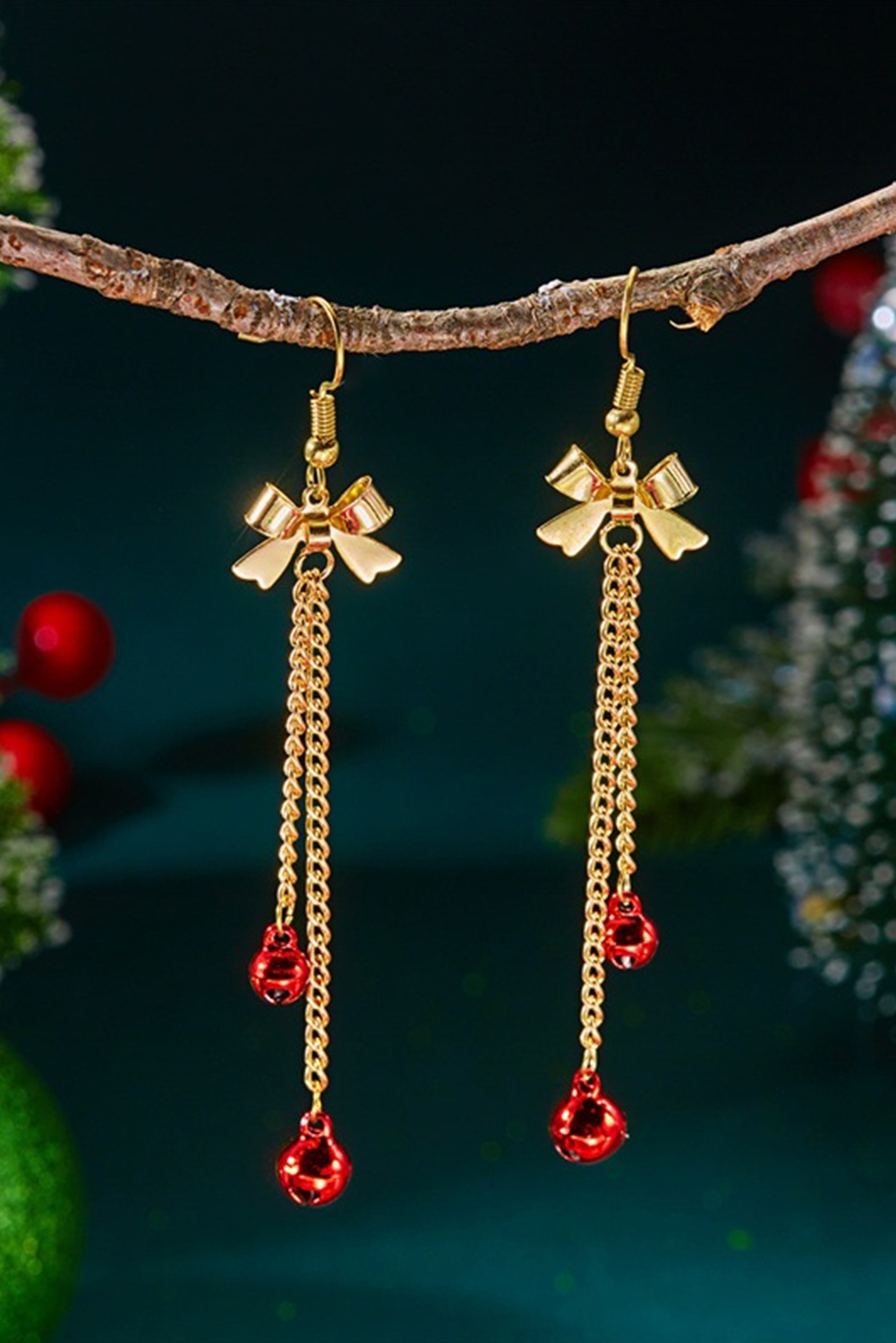 Fiery Red Jingle Bell Tassel Dangle Gold Plated Bow Hook Earrings