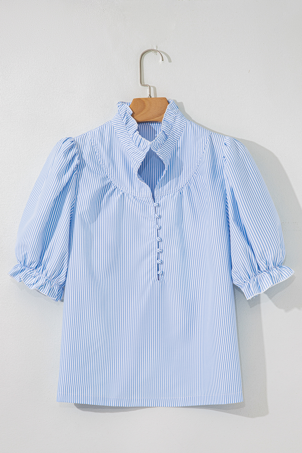 Sky Blue Stripe Ruffled Collar Puff Sleeve Half Buttons Blouse