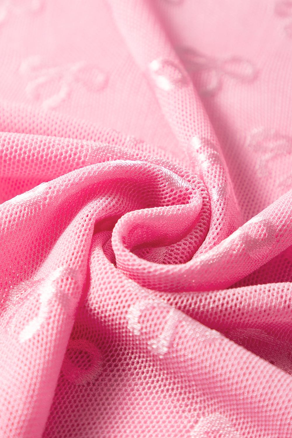 Pink Round Neck Bow Print Long Sleeve Mesh Top