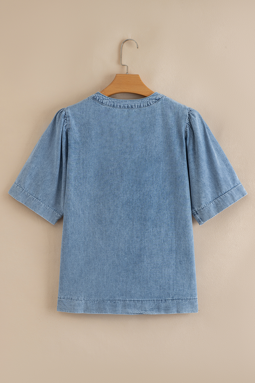 Myosotis Pintuck Pleats Puff Sleeve Split V Neck Summer Denim Top