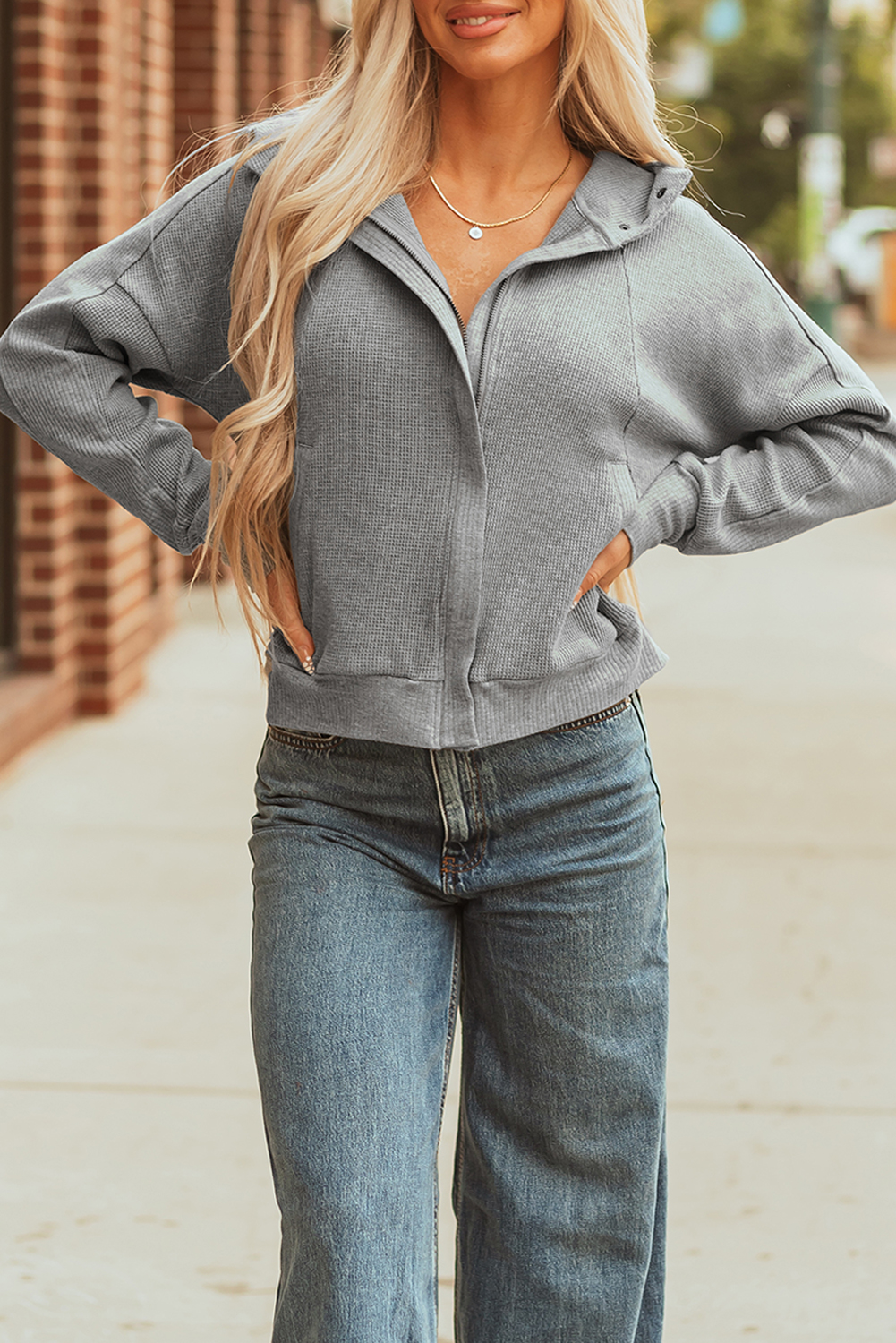 Burgundy Waffle Splicing Zip Up Front Button Hooded Jacket