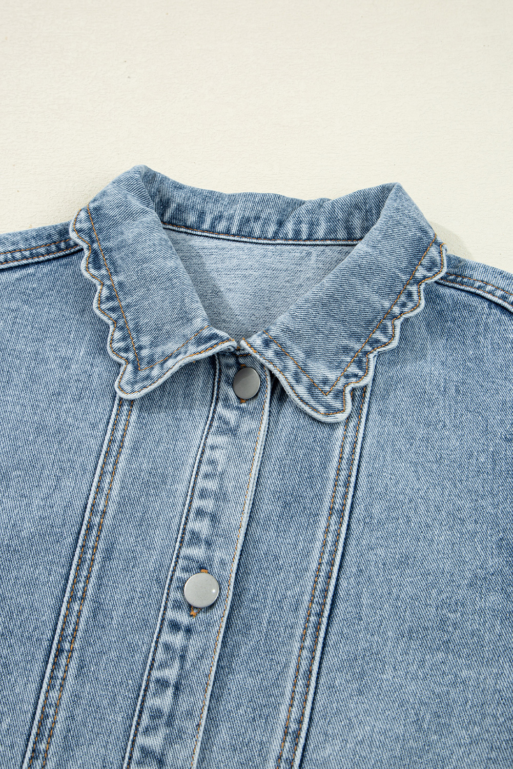 Myosotis Scallop Trim Collar Patched Pocket Button Up Mineral Washed Denim Jacket