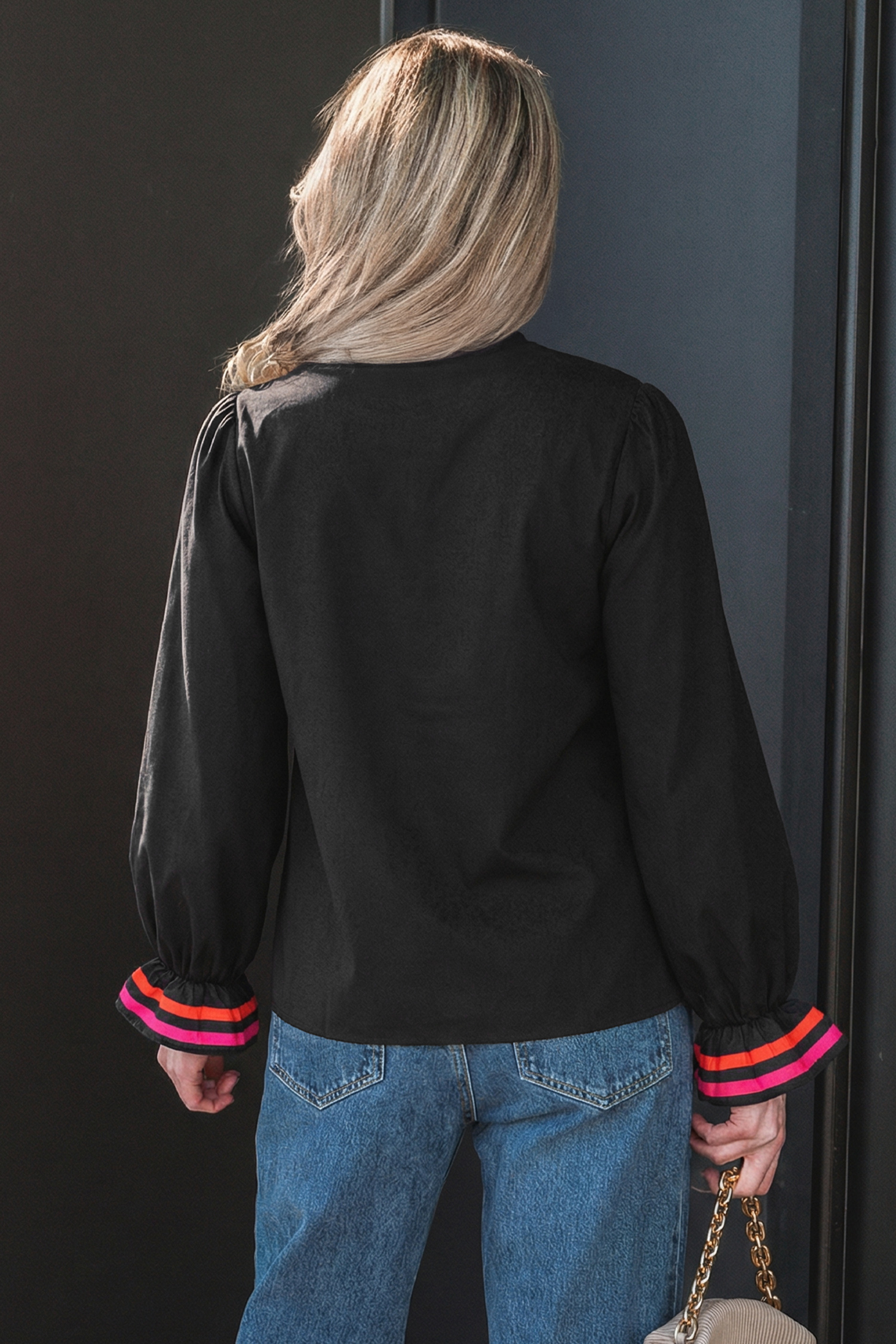 Four Leaf Clover Striped Trim Ruffle Split Neck Long Sleeve Blouse