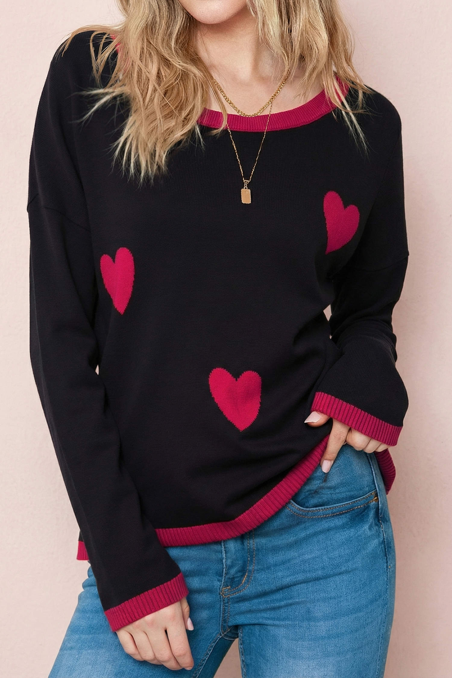 Black white Heart Print Contrast Trim Drop Shoulder Sweater