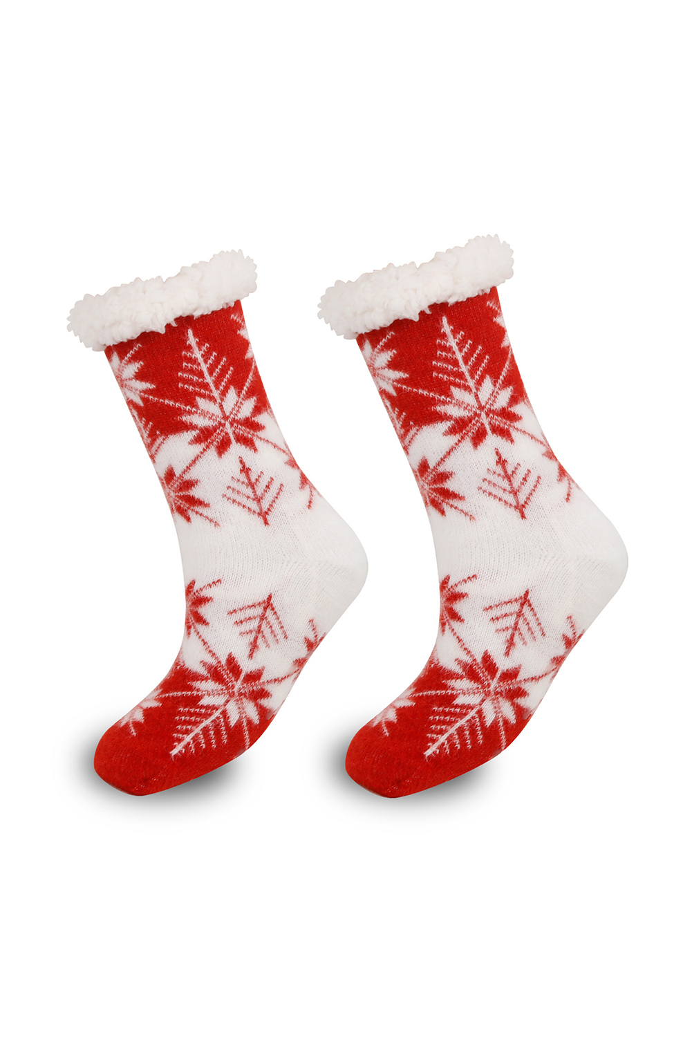 Fiery Red Christmas Snowflake Cozy Sherpa Lined Cabin Socks