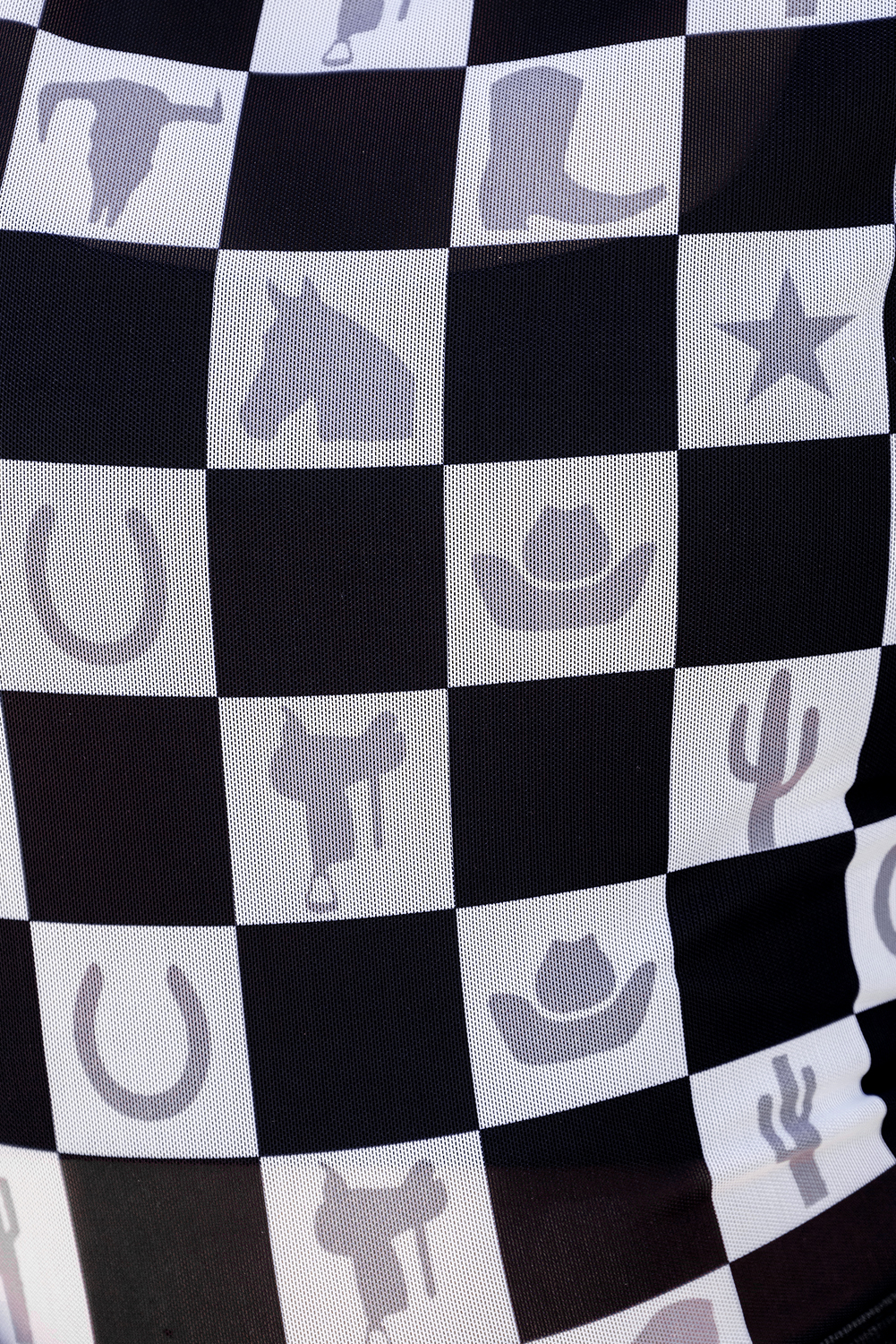 Khaki Checkered Pattern Mesh Mock Neck Long Sleeve Top