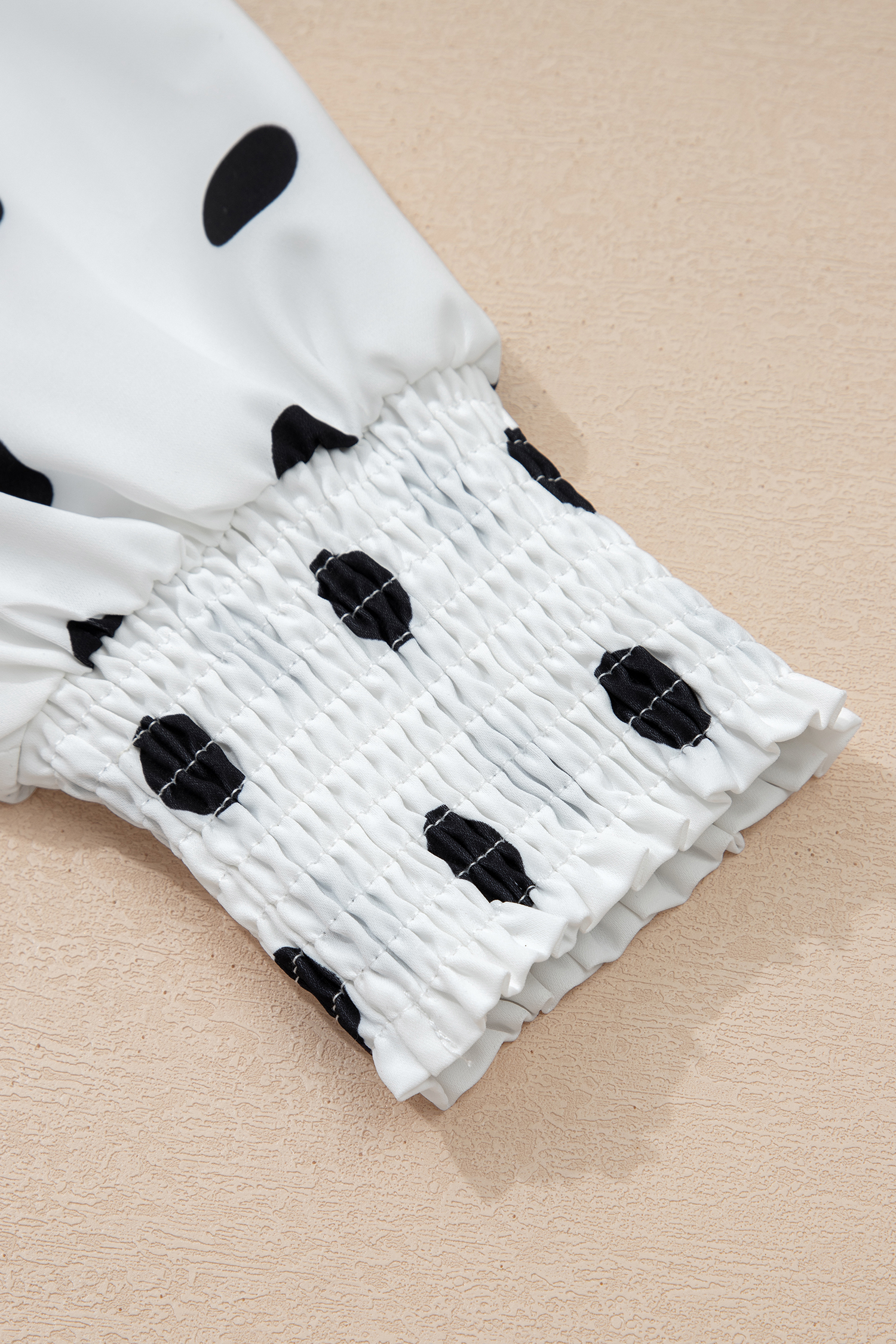 White Polka Dot Print Round Neck Frilled Long Sleeve Blouse