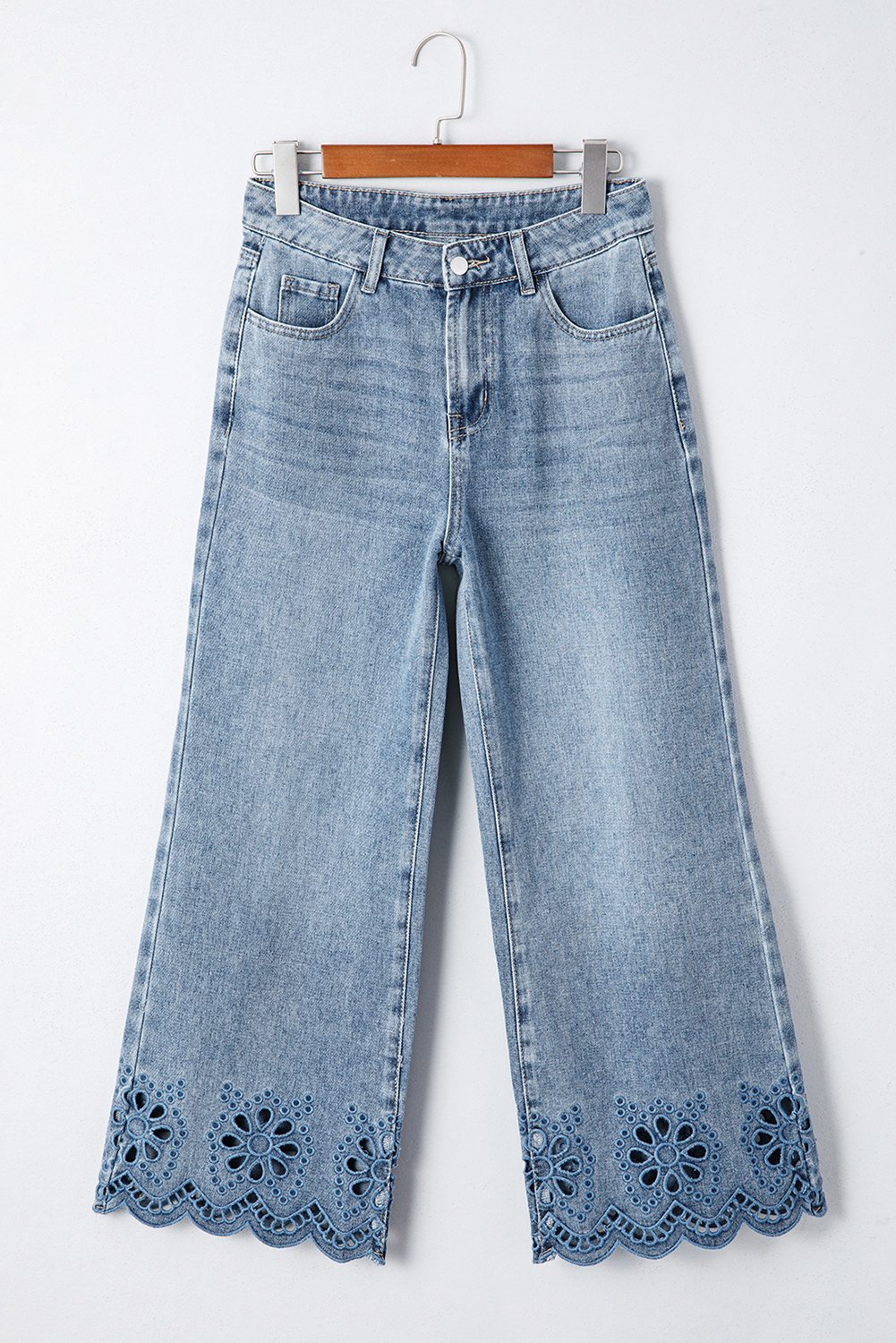 Dusk Blue Embroidered Cropped Wide Leg High Waist Jeans