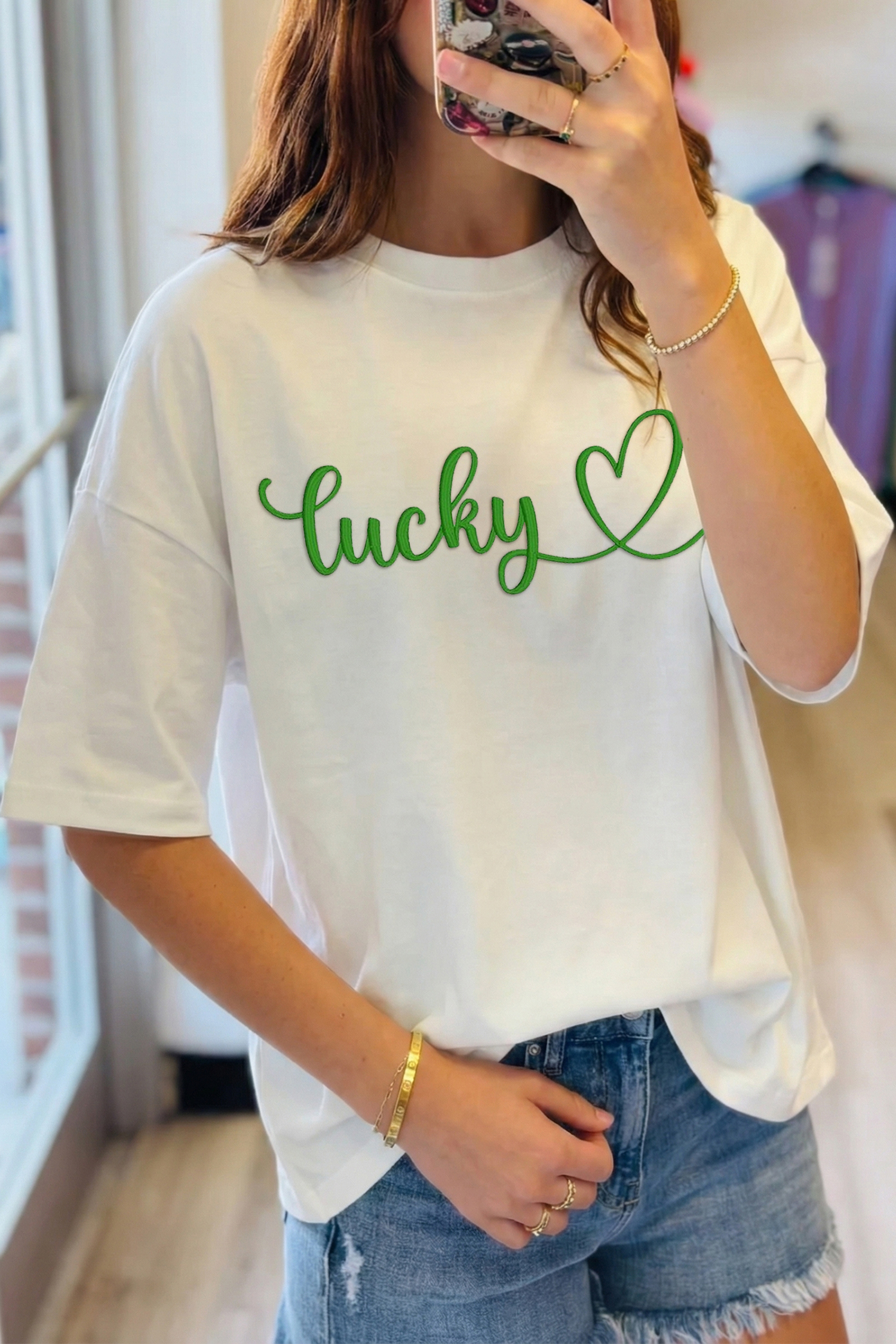 White lucky Heart Embroidered Graphic Casual Tee