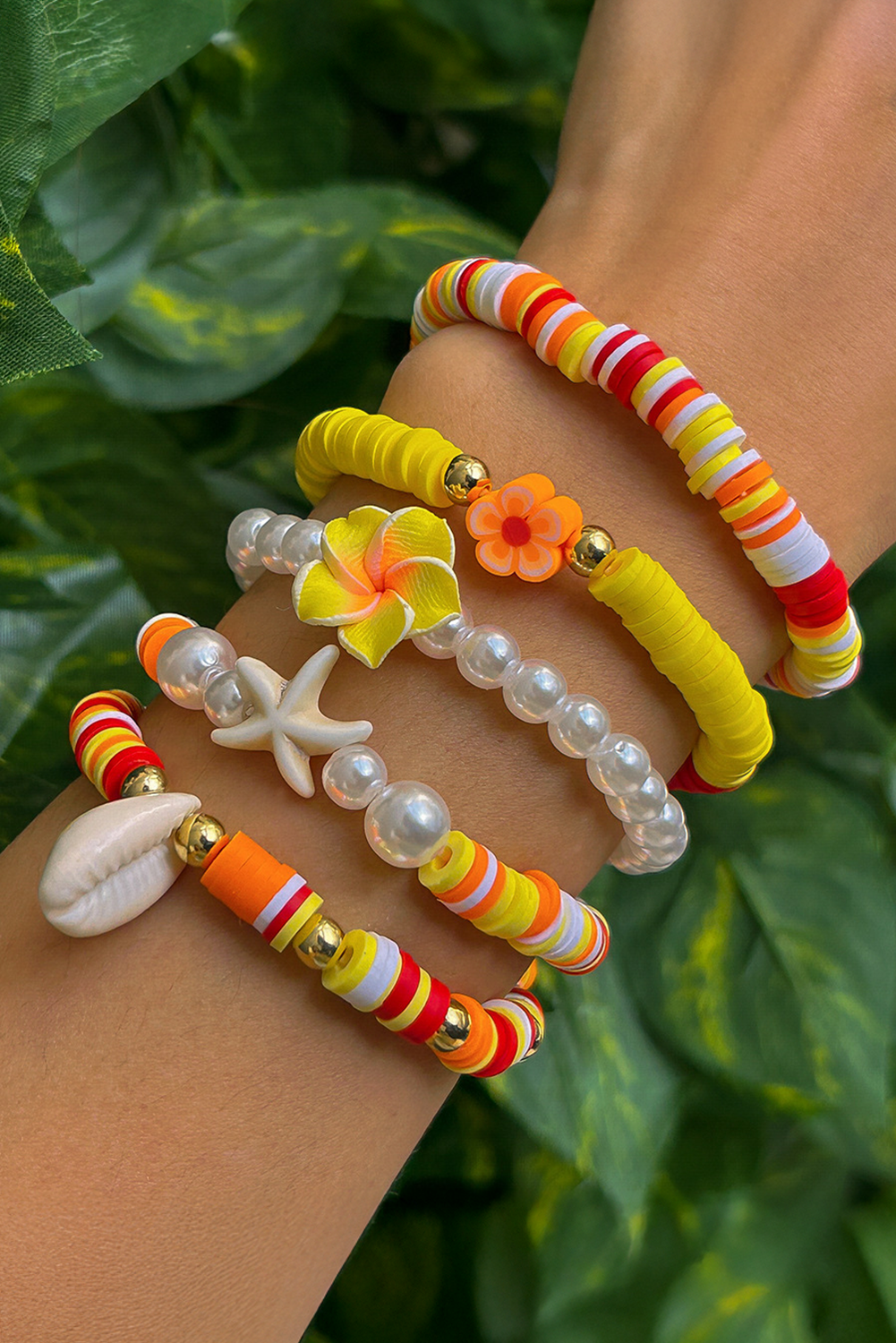 Yellow Starfish Shell Flower Pearl Beaded Multi Layer Bracelet