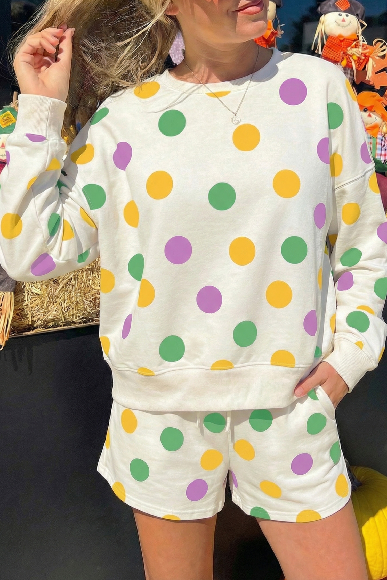 Beige Polka Dot Print Drop Shoulder Pullover Drawstring Jogger Pant Set