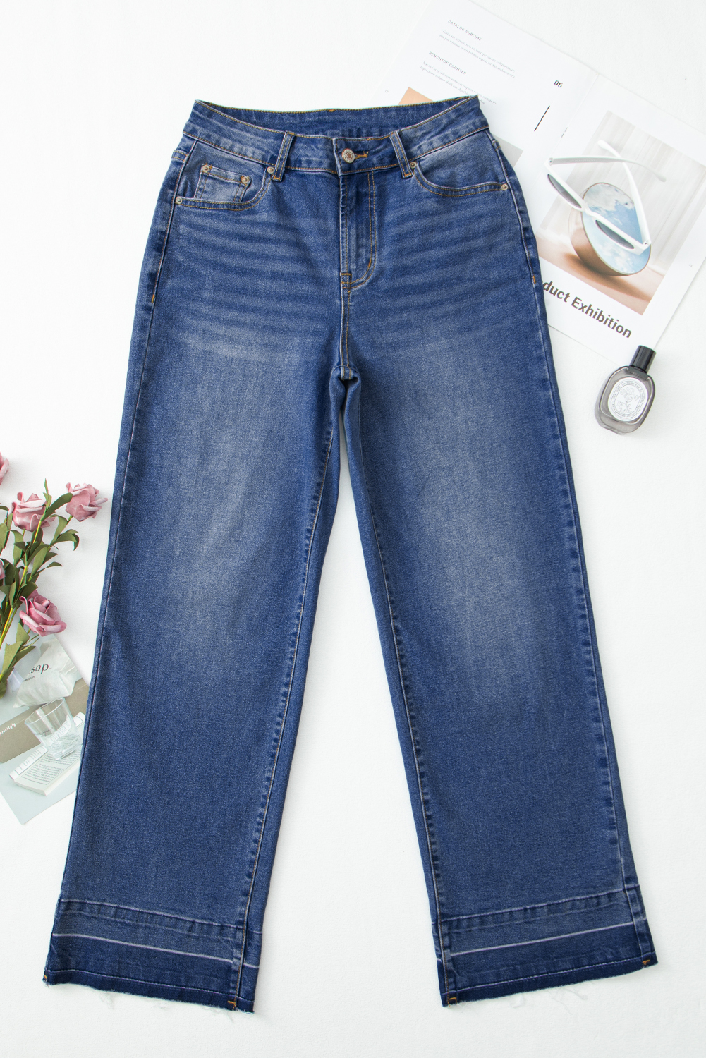 Real Teal Raw Hem Unique Cuffs Straight High Rise Loose Jeans