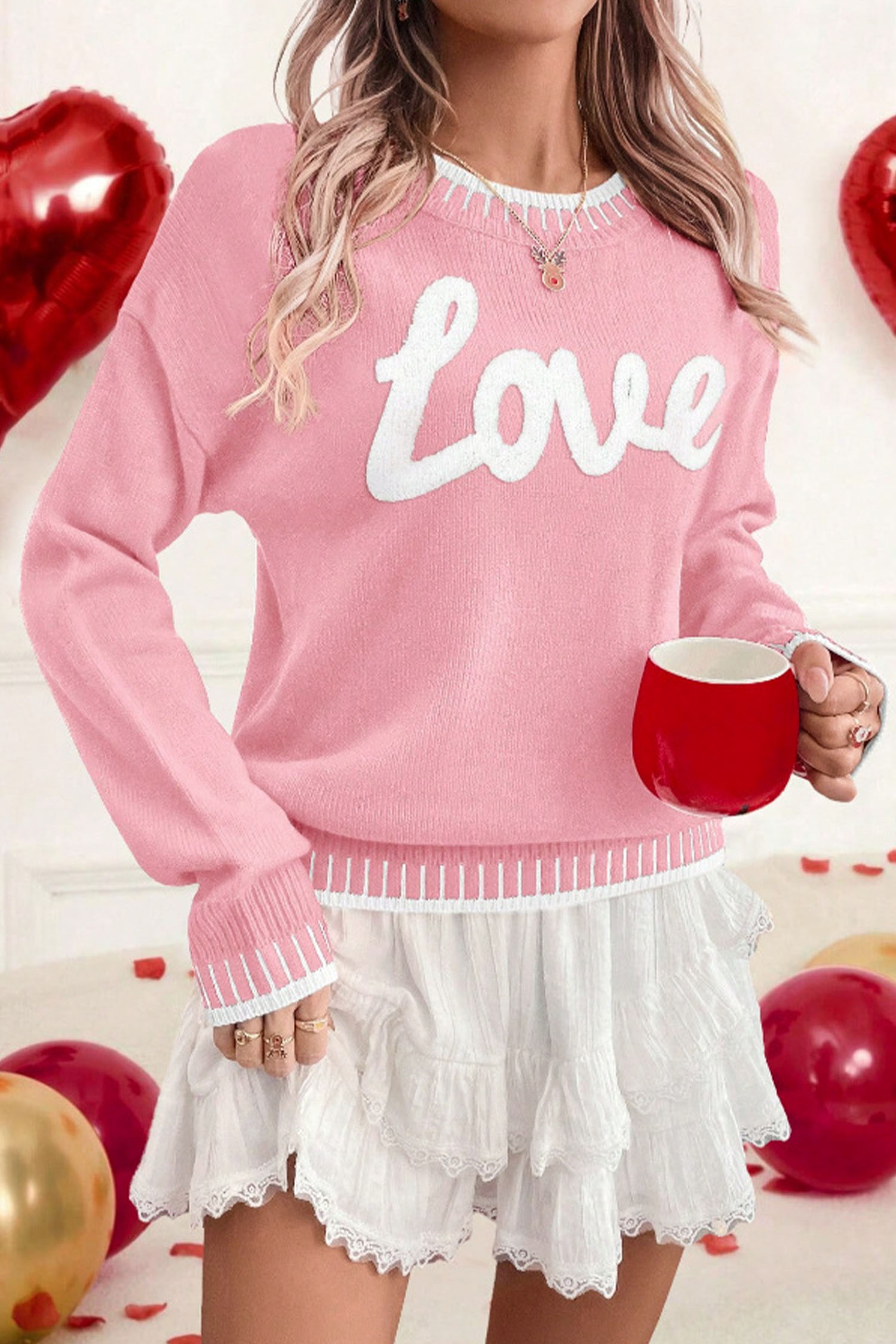 Light Blue Valentine Love Chenille Letter Graphic Sweater