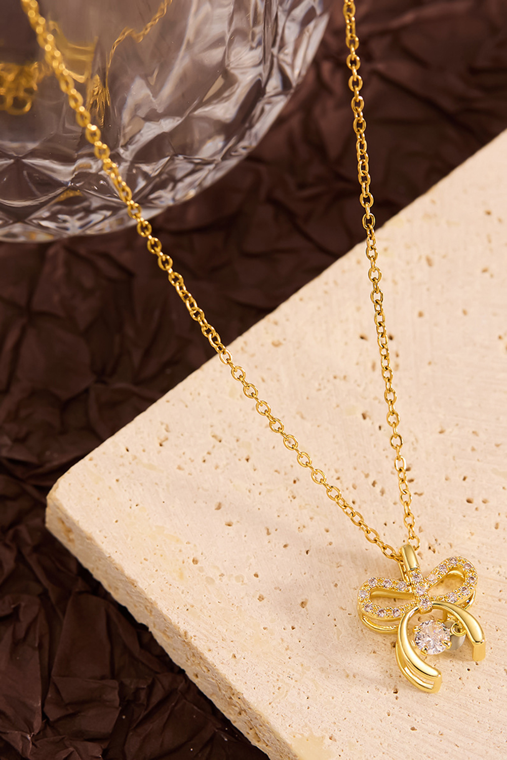 Gold Rhinestone Bow Knot Pendant Plated Alloy Necklace