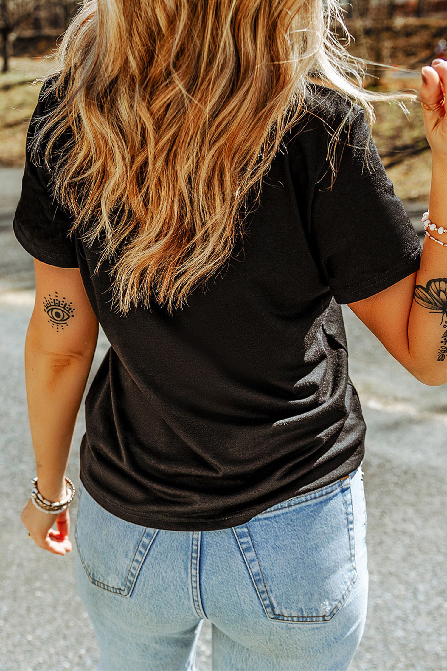 Black Happy Easter Bunny Flower Printed Casual Tee