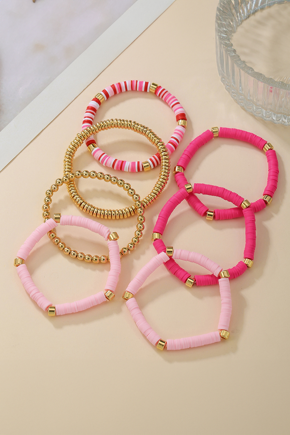 Bright Pink 7pcs Gold Plated Clay Beading Multi Layered Bracelet Set