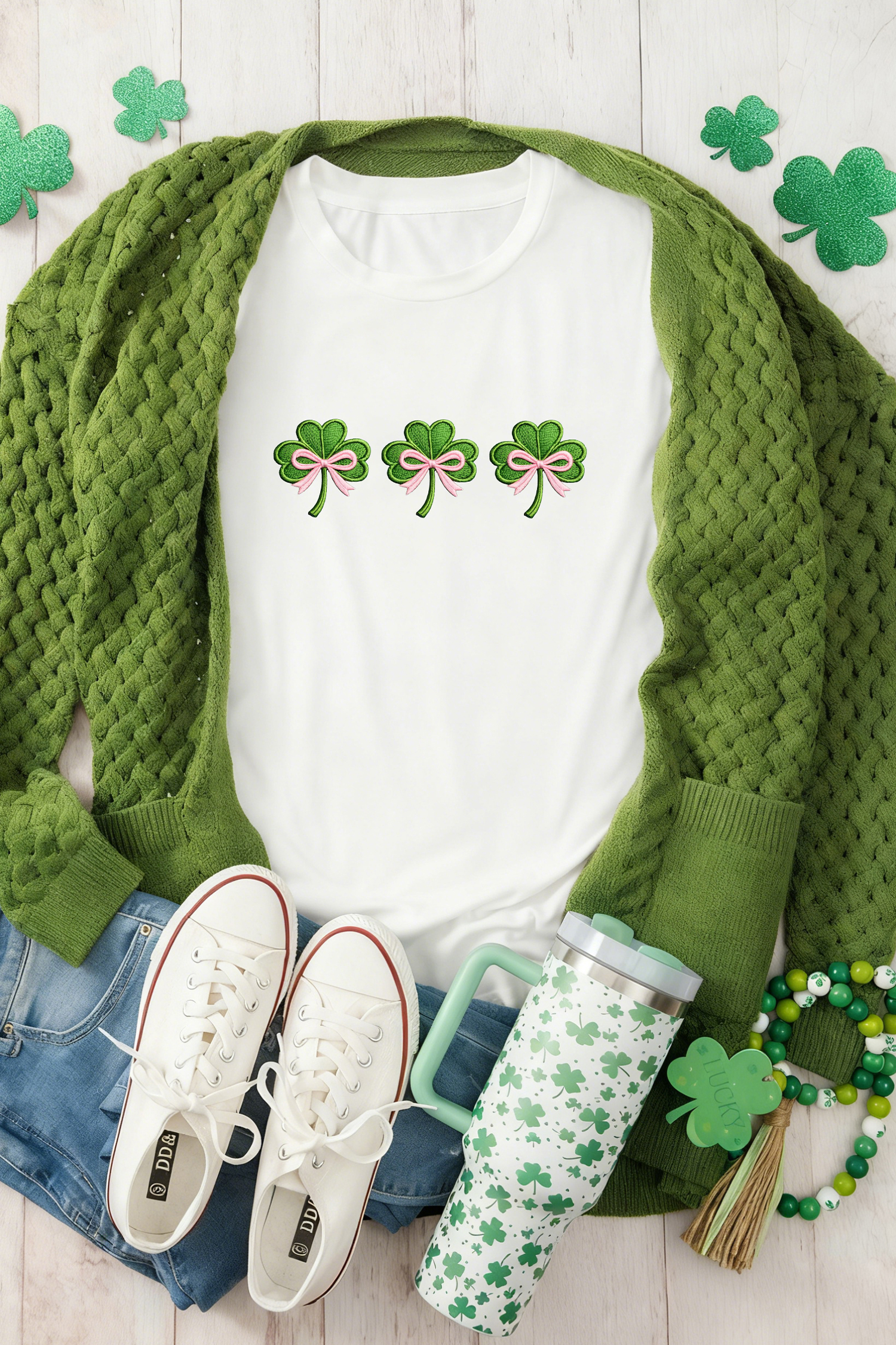 White Ribbon Bow Clover Embroidered Casual T Shirt