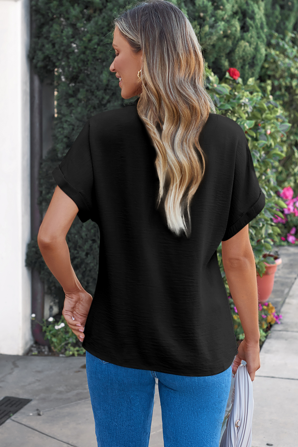 Black Notched Neck Batwing Sleeve Lightweight Blouse