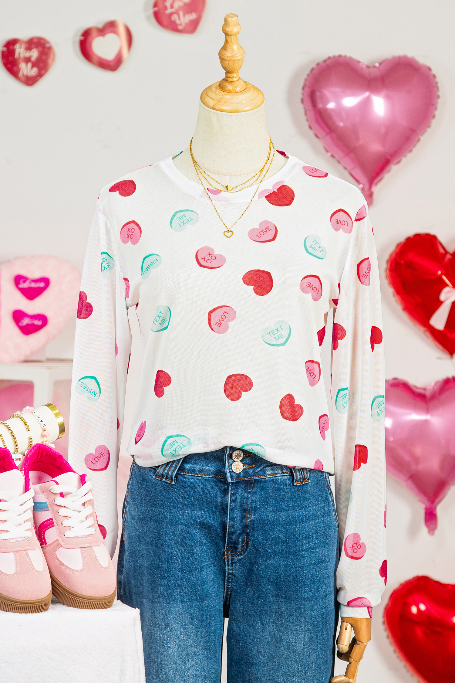 White Sheer Mesh Valentines Slogan Heart Printed Long Sleeve Top