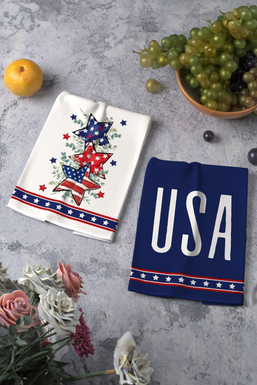 White 2pcs/set American Flag Star Leaves Print Soft Towel