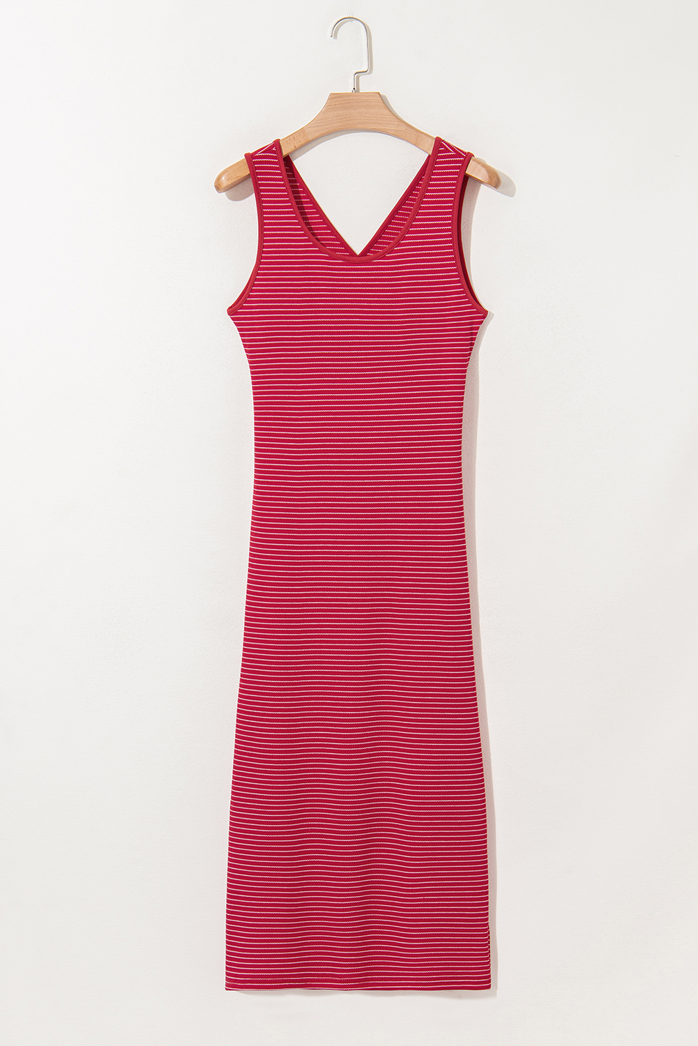 Red Stripe Criss Cross Side Slits Slim Fit Sleeveless Midi Dress