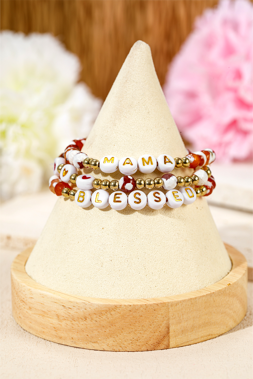 Gold MAMA Beaded Triple Layer Bracelet Set