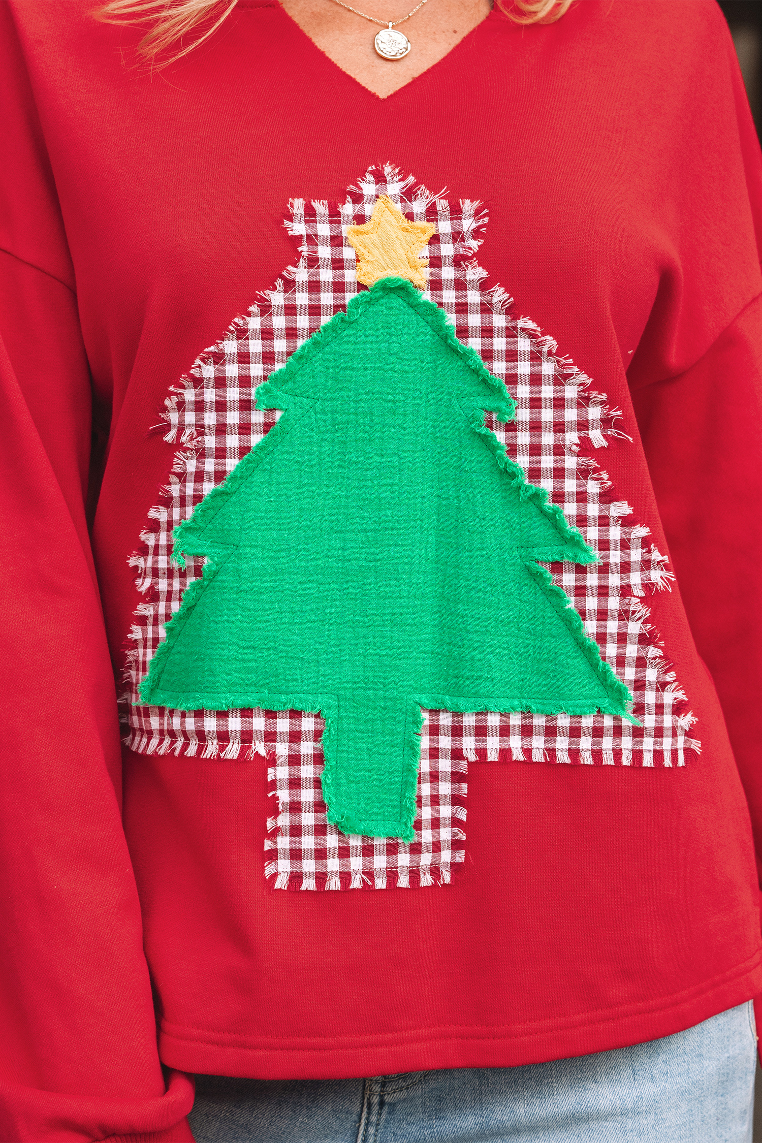 Fiery Red Plaid Frayed Double Christmas Tree Patched Drop Shoulder Sweatshirt