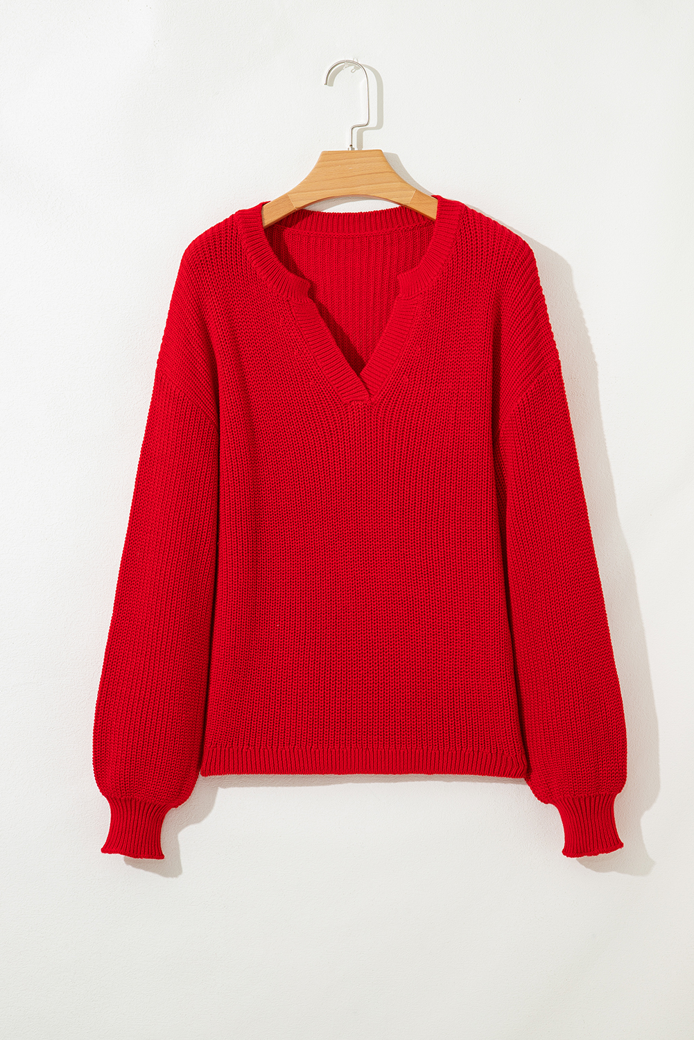 Racing Red Solid Textured Knit V Neck Drop Shoulder Sweater