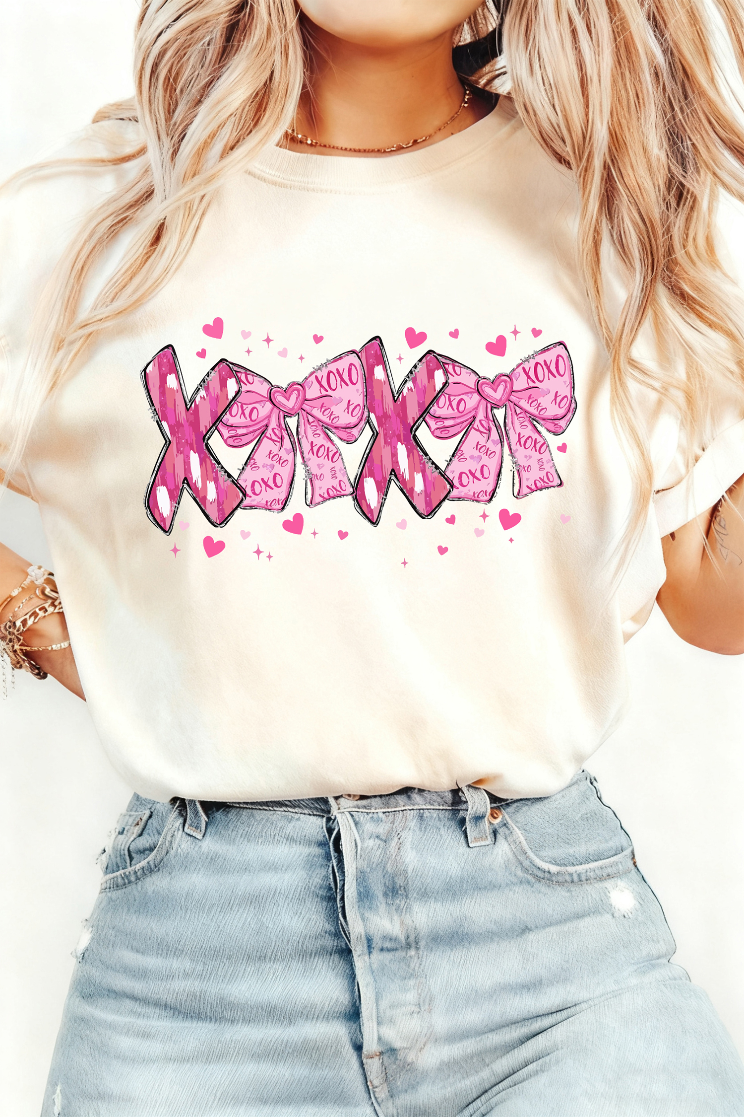 White Valentines Day XOXO Bow Printed T Shirt