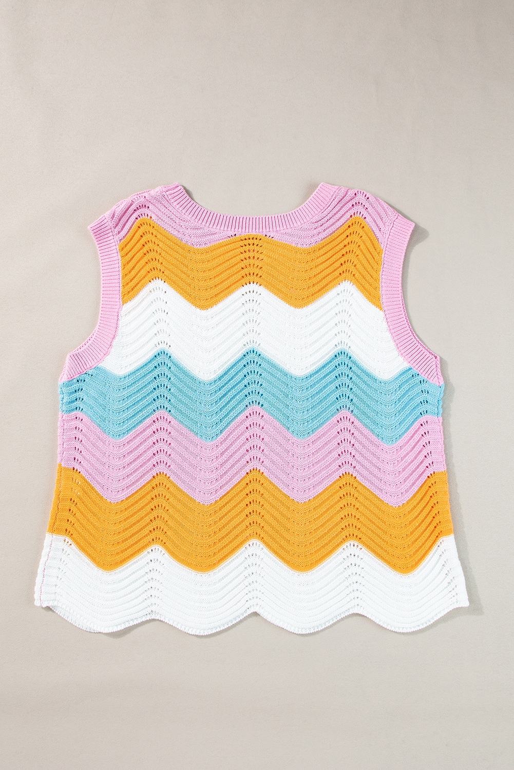 Multicolour Wavy Striped Print Textured Knit Sleeveless Sweater Top