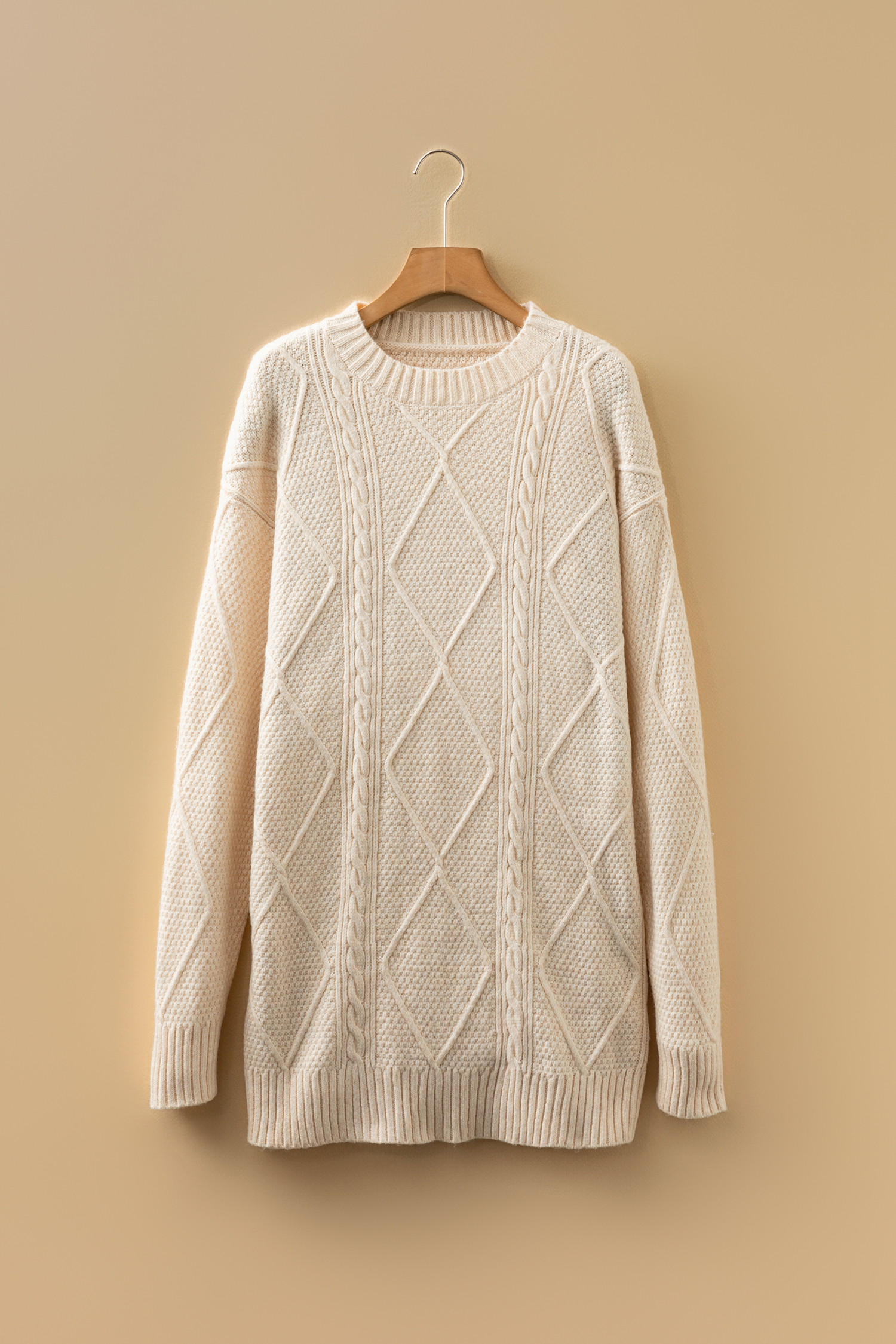 Parchment Cable Knit Drop Shoulder Loose Fit Sweater Dress