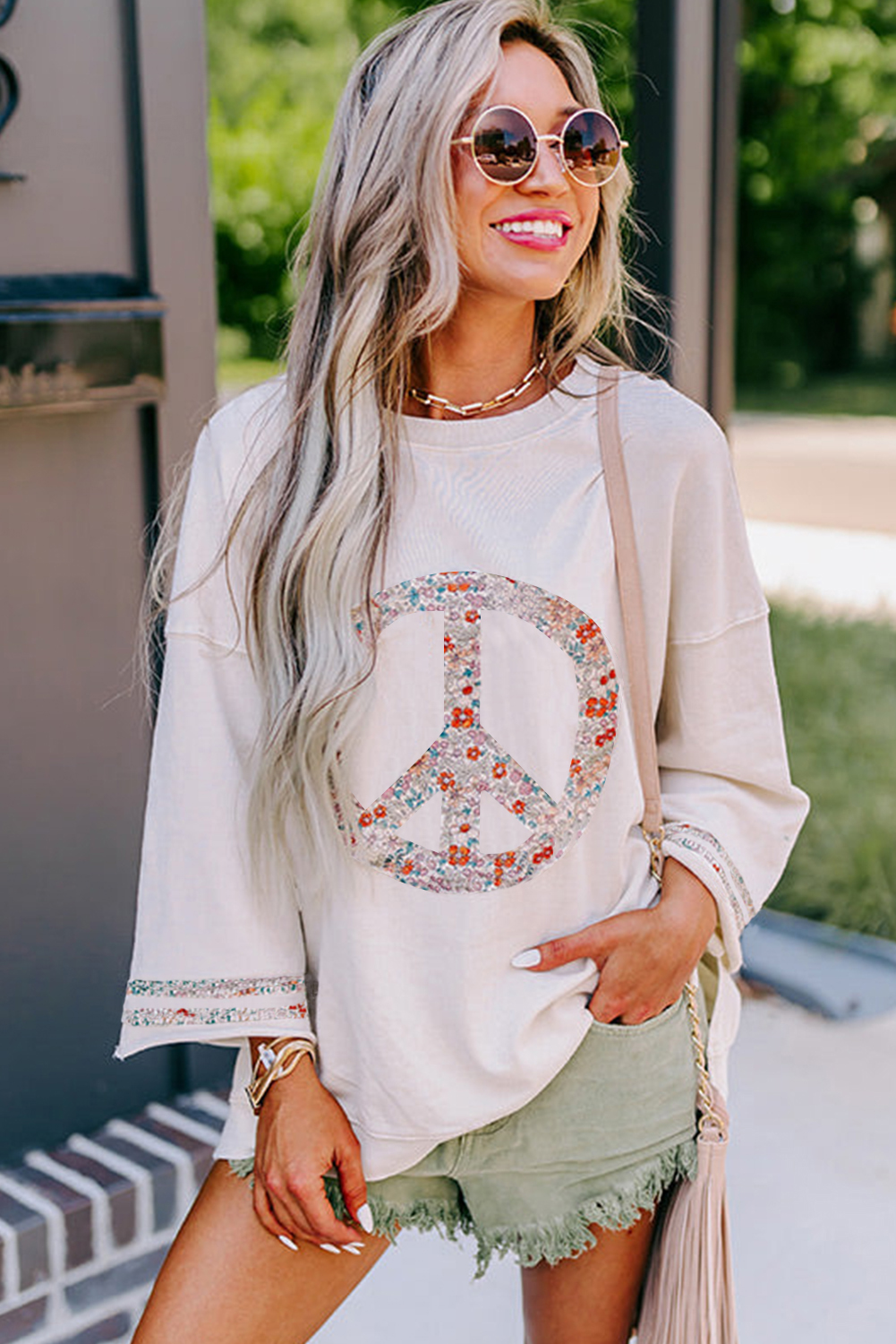 Beige Flower Patch Graphic Exposed Seam Wide Sleeve Top