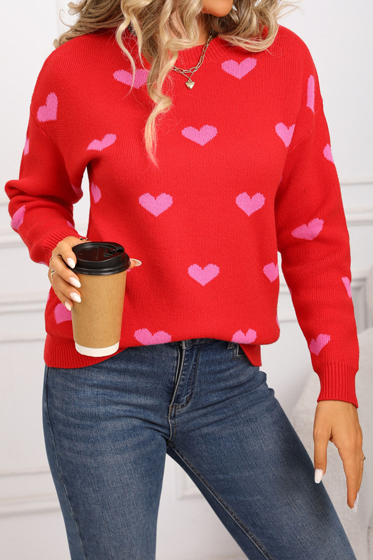 White Classic Round Neck Drop Shoulder Heart Print Sweater