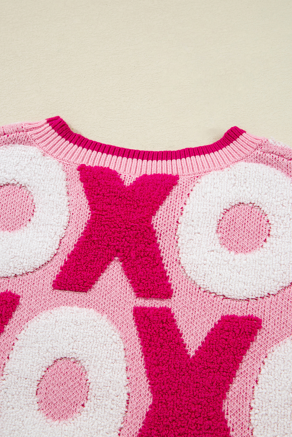 Pink XOXO Pattern Drop Shoulder Crewneck Valentines Sweater