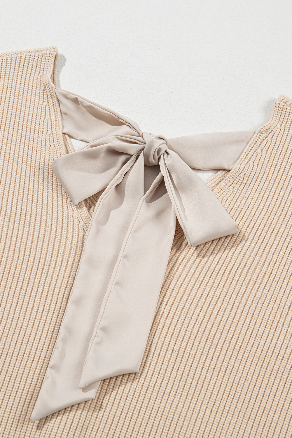 Racing Red Lantern Sleeve V Neck Knot Back Sweater