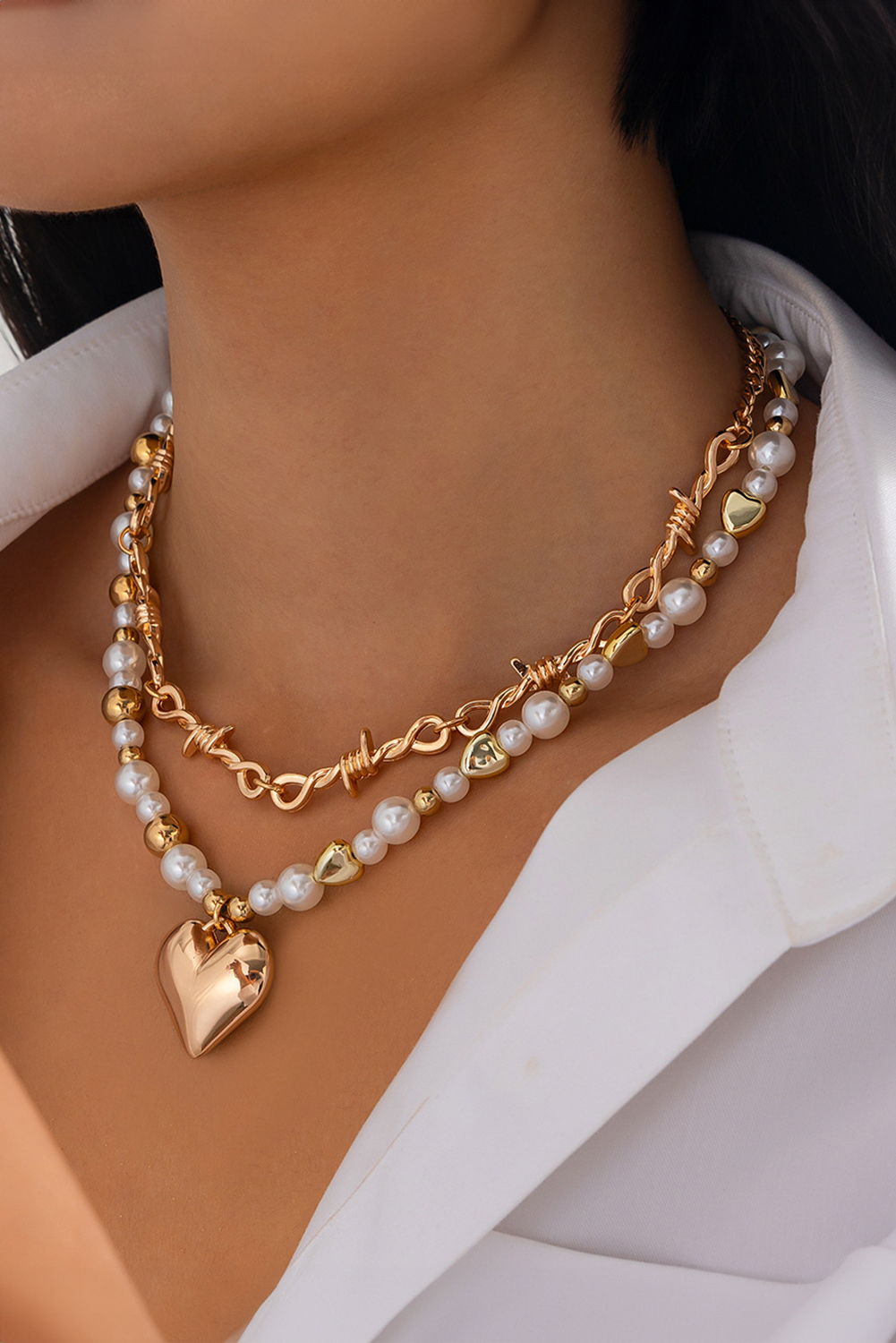 Gold 2pcs Alloy Plated Heart Pendant Pearl Necklace Set