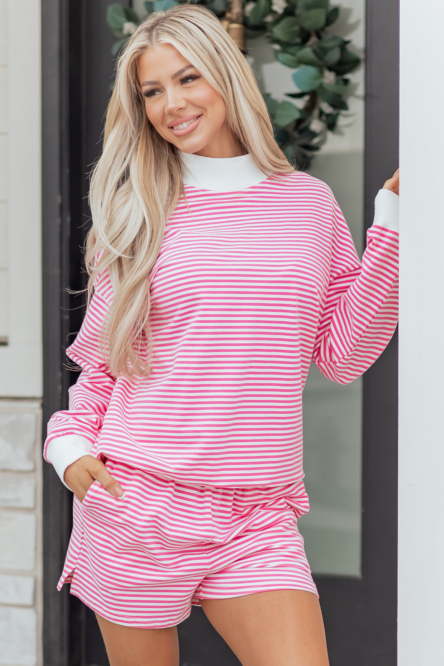 Pink Stripe Oversize Mock Neck Sweatshirt and Shorts Set