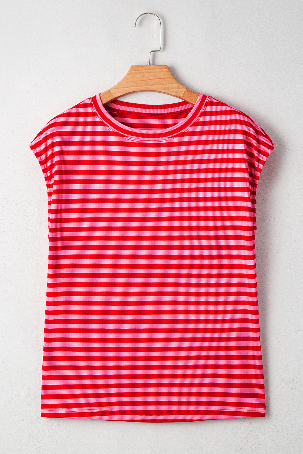 Sky Blue Stripe Ribbed Cap Sleeve Round Neck T Shirt